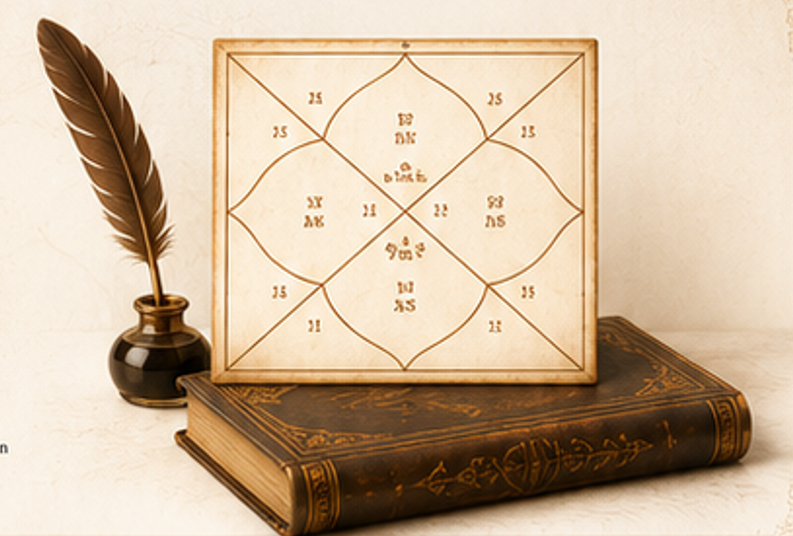 Vedic astrology career guidance chart with feather and book