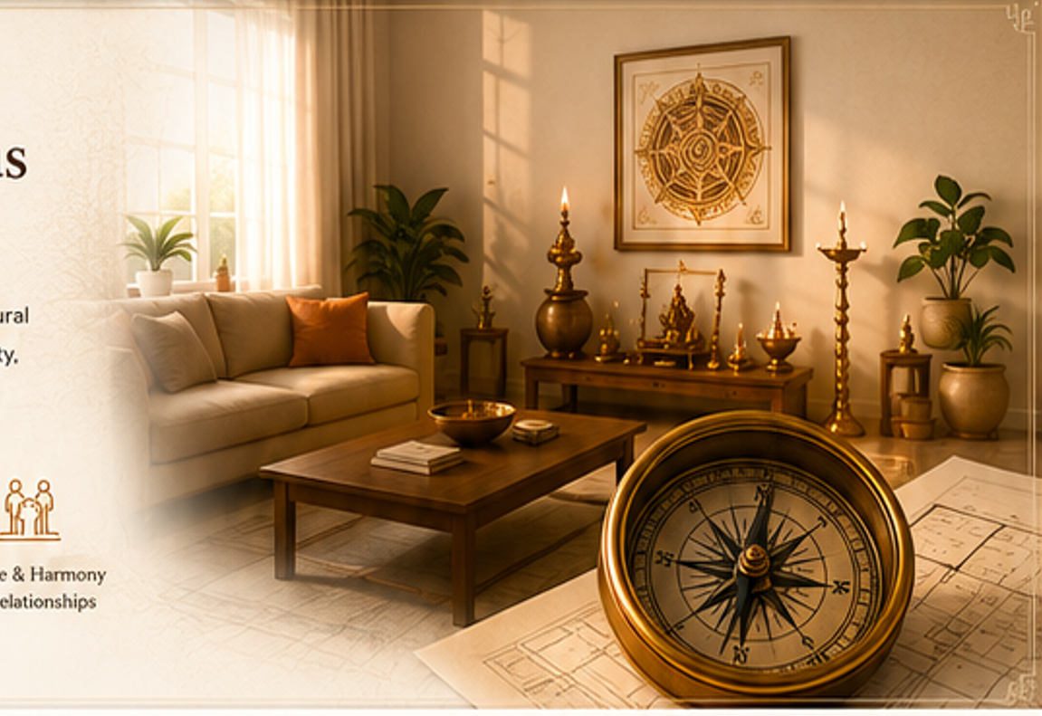 Residential Vastu consultation living room with Vastu compass and floor plan